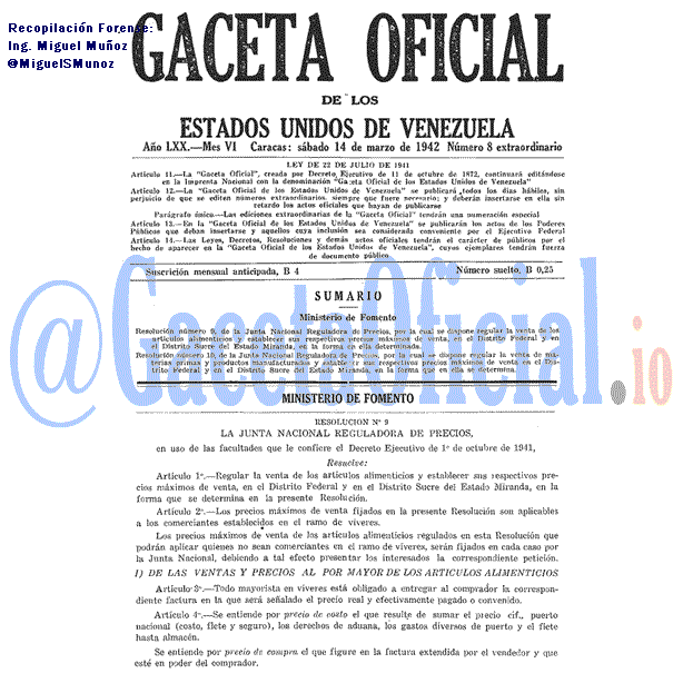 Gaceta Oficial 8 del 14 Marzo 1942