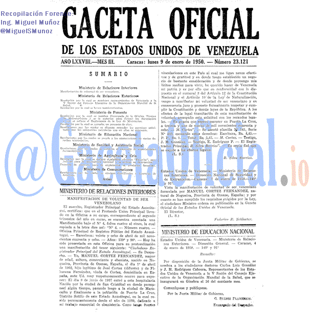 Gaceta Oficial 23121 del 9 Enero 1950