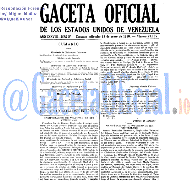Gaceta Oficial 23135 del 25 Enero 1950