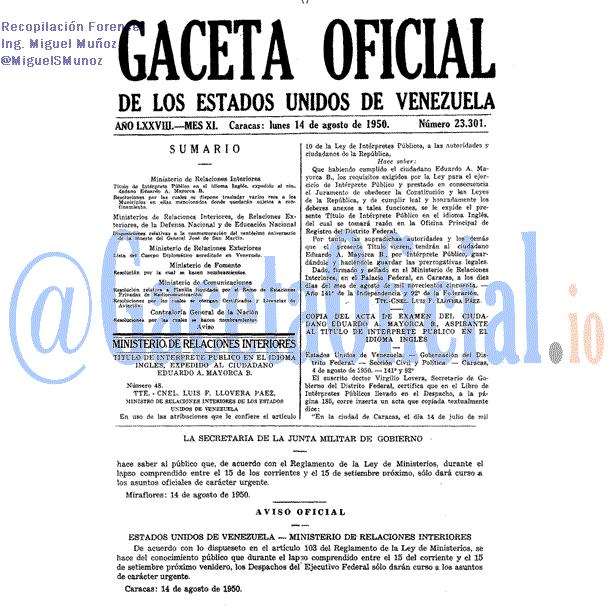 Gaceta Oficial 23301 del 14 Agosto 1950