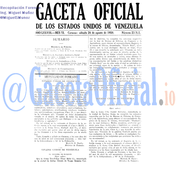 Gaceta Oficial 23312 del 26 Agosto 1950