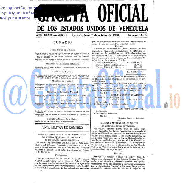 Gaceta Oficial 23343 del 2 Octubre 1950