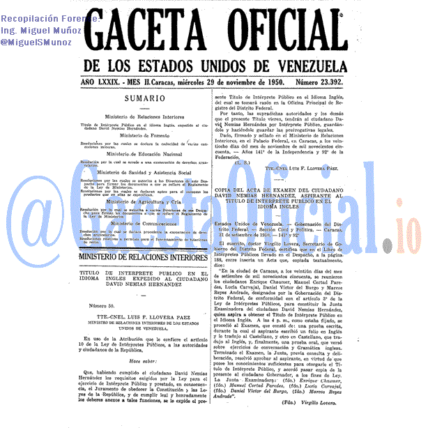 Gaceta Oficial 23392 del 29 Noviembre 1950