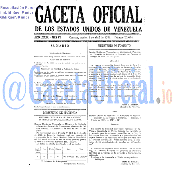 Gaceta Oficial 23494 del 3 Abril 1951