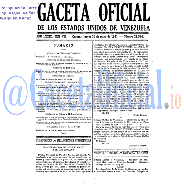 Gaceta Oficial 23524 del 10 Mayo 1951