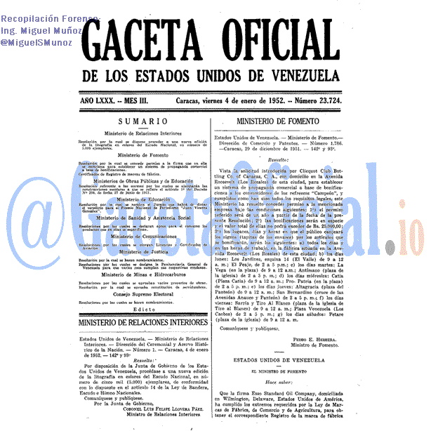 Gaceta Oficial 23724 del 4 Enero 1952