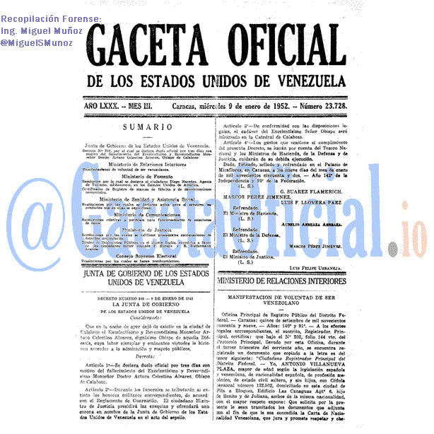 Gaceta Oficial 23728 del 9 Enero 1952