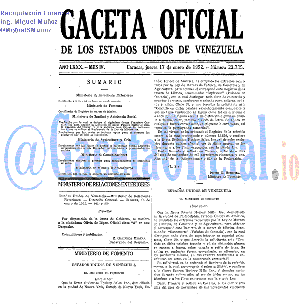 Gaceta Oficial 23735 del 17 Enero 1952