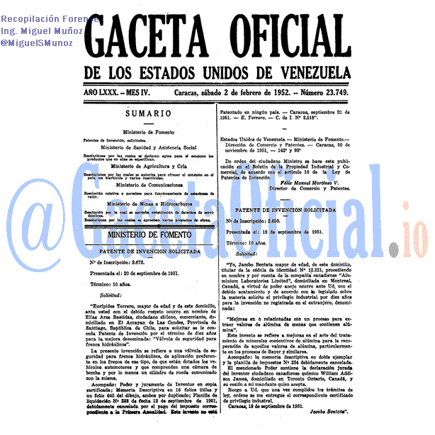 Gaceta Oficial 23749 del 2 Febrero 1952