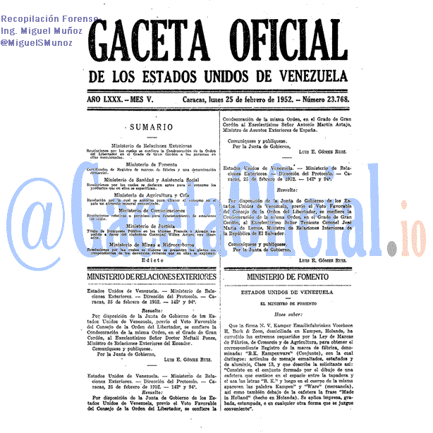 Gaceta Oficial 23768 del 25 Febrero 1952
