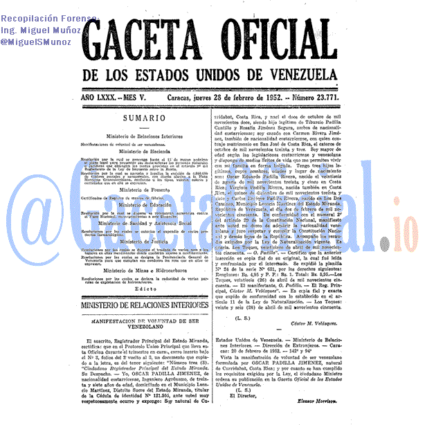 Gaceta Oficial 23771 del 28 Febrero 1952