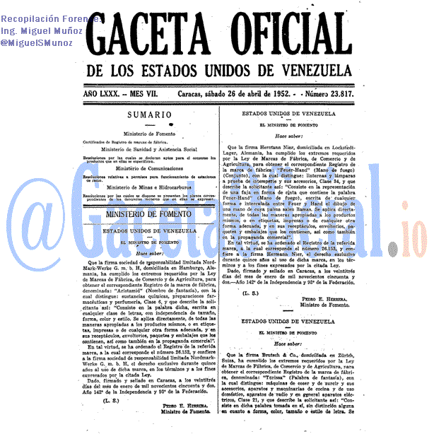 Gaceta Oficial 23817 del 26 Abril 1952