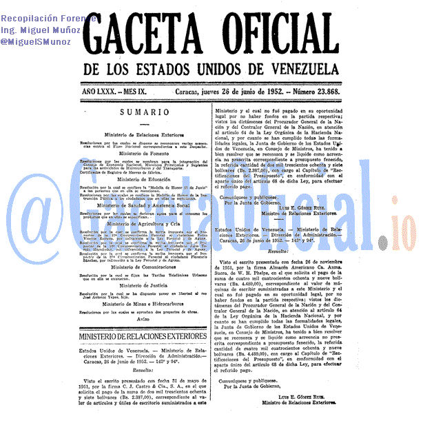 Gaceta Oficial 23868 del 26 Junio 1952