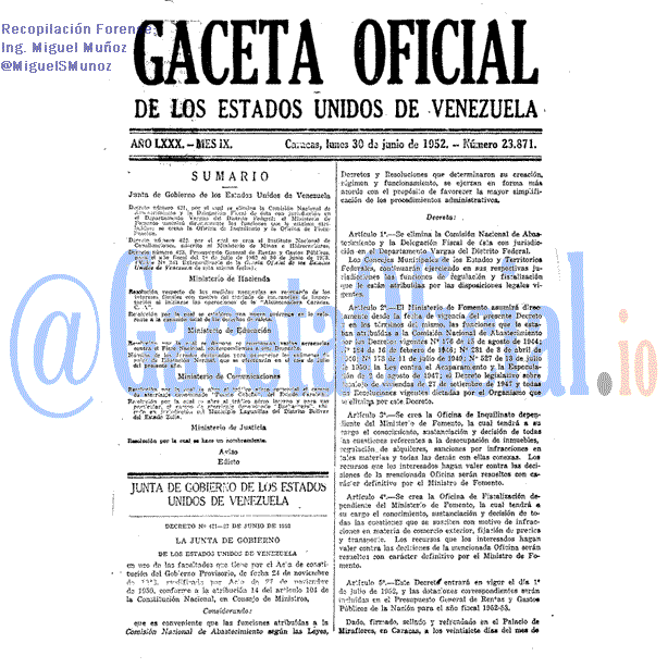 Gaceta Oficial 23871 del 30 Junio 1952