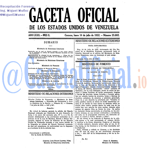 Gaceta Oficial 23882 del 14 Julio 1952