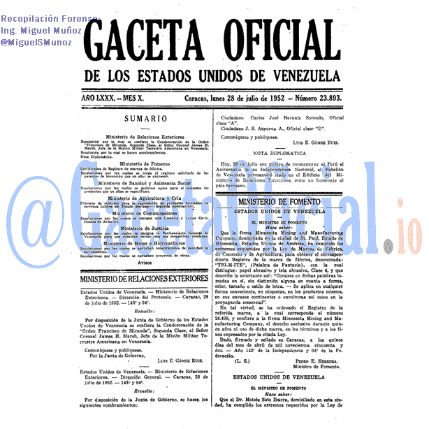 Gaceta Oficial 23893 del 28 Julio 1952
