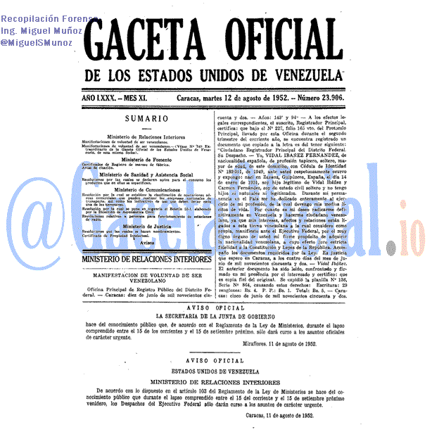 Gaceta Oficial 23906 del 12 Agosto 1952