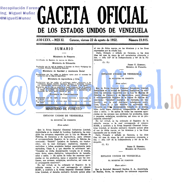 Gaceta Oficial 23915 del 22 Agosto 1952