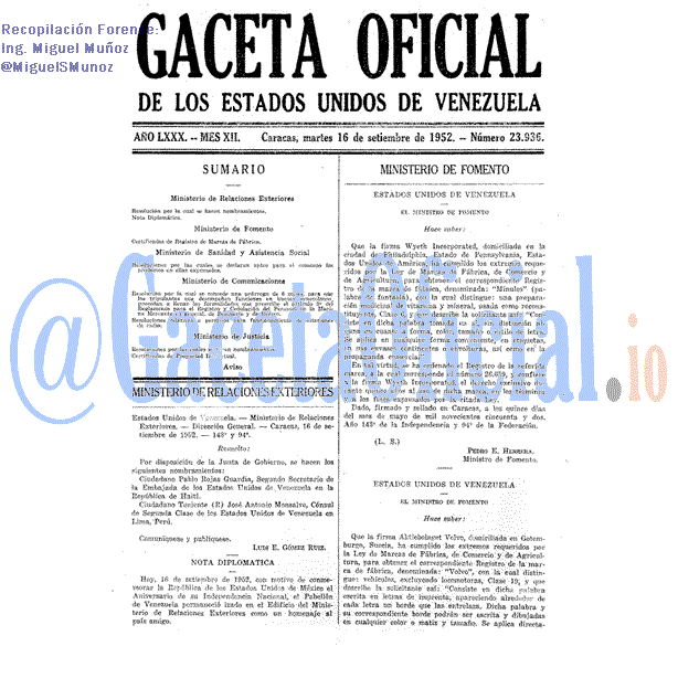 Gaceta Oficial 23936 del 16 Septiembre 1952