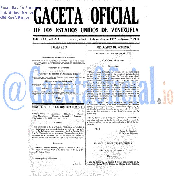 Gaceta Oficial 23958 del 11 Octubre 1952