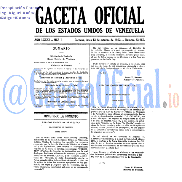Gaceta Oficial 23959 del 13 Octubre 1952