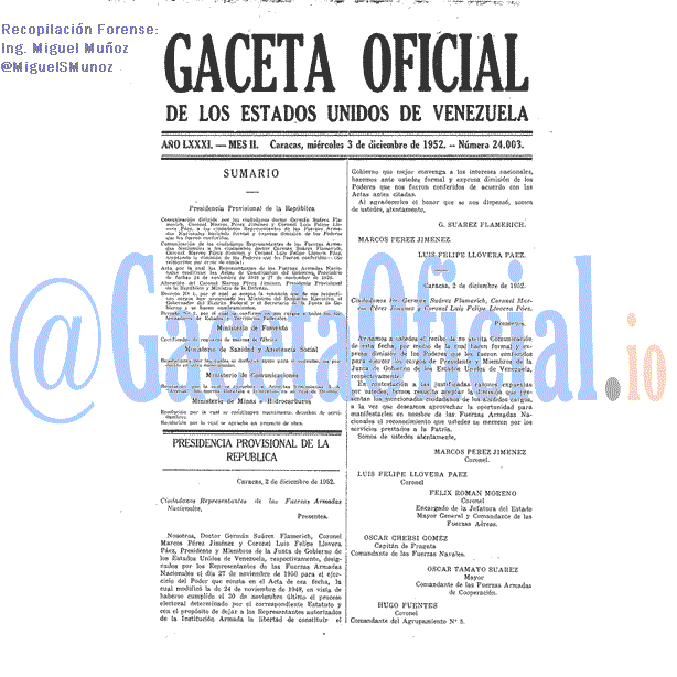 Gaceta Oficial 24003 del 3 Diciembre 1952