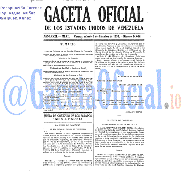 Gaceta Oficial 24006 del 6 Diciembre 1952