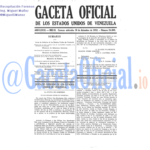 Gaceta Oficial 24009 del 10 Diciembre 1952