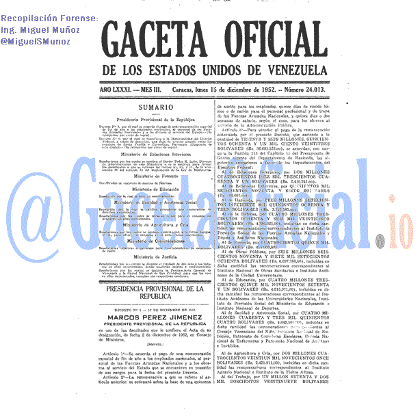 Gaceta Oficial 24013 del 15 Diciembre 1952