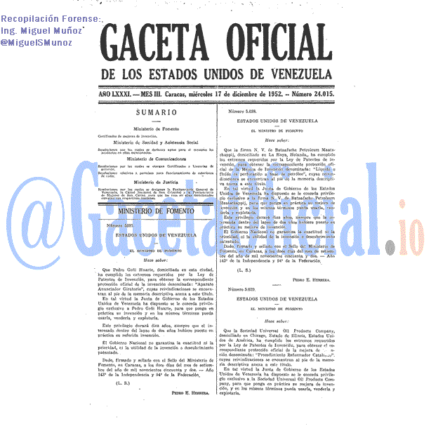 Gaceta Oficial 24015 del 17 Diciembre 1952