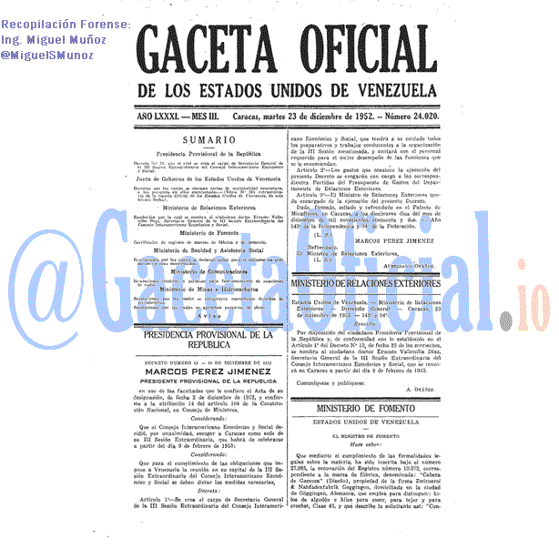 Gaceta Oficial 24020 del 23 Diciembre 1952