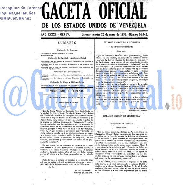 Gaceta Oficial 24042 del 20 Enero 1953