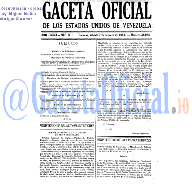 Gaceta Oficial 24058 del 7 Febrero 1953