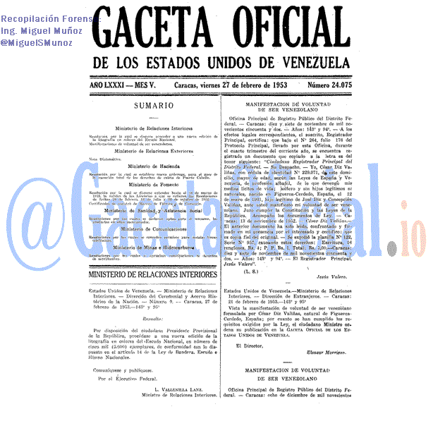 Gaceta Oficial 24075 del 27 Febrero 1953