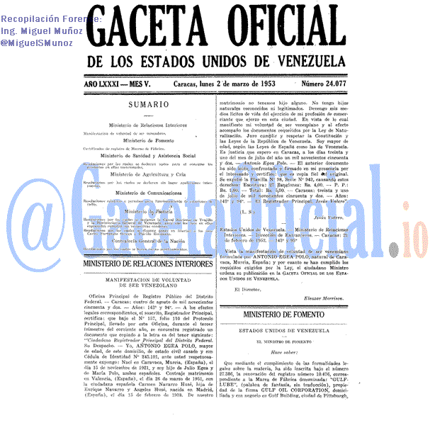 Gaceta Oficial 24077 del 2 Marzo 1953