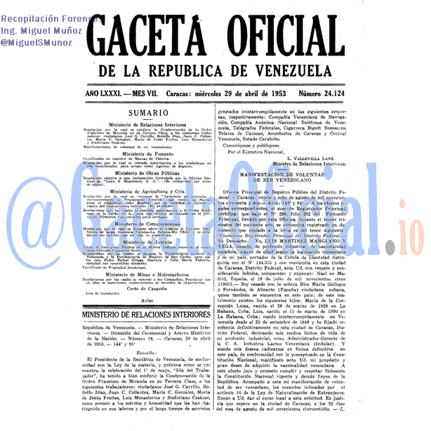 Gaceta Oficial 24124 del 29 Abril 1953