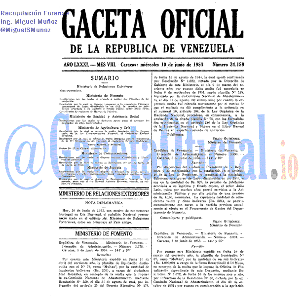 Gaceta Oficial 24159 del 10 Junio 1953