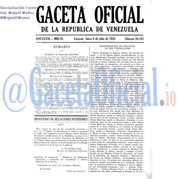 Gaceta Oficial 24181 del 6 Julio 1953