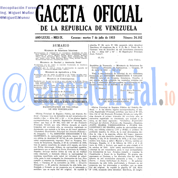 Gaceta Oficial 24182 del 7 Julio 1953
