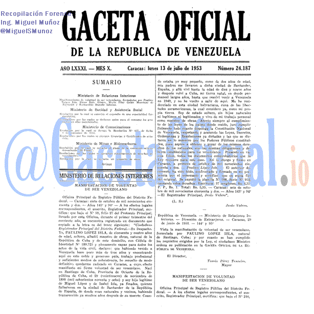 Gaceta Oficial 24187 del 13 Julio 1953