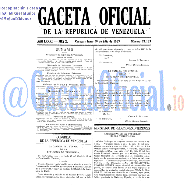Gaceta Oficial 24193 del 20 Julio 1953