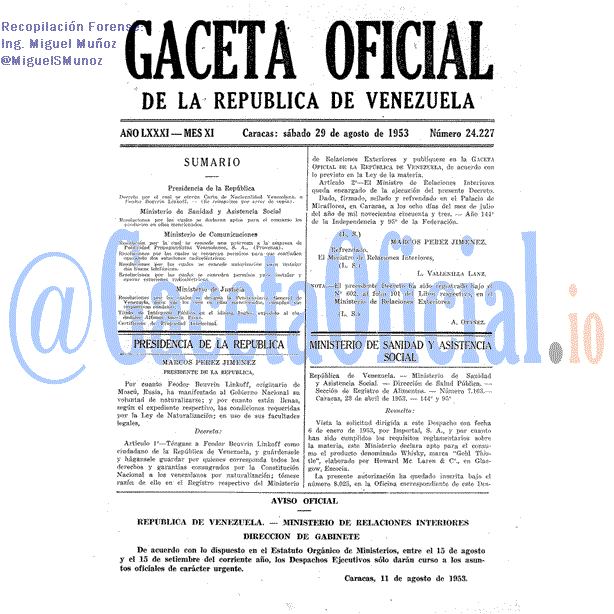 Gaceta Oficial 24227 del 29 Agosto 1953