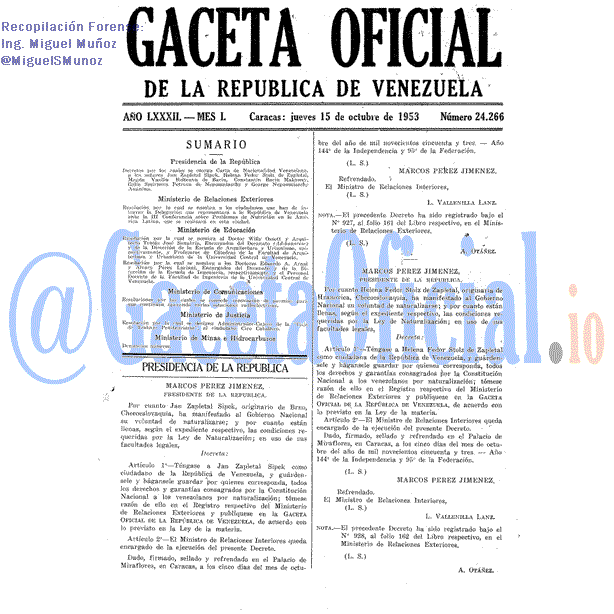 Gaceta Oficial 24266 del 15 Octubre 1953