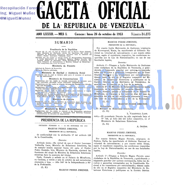 Gaceta Oficial 24275 del 26 Octubre 1953