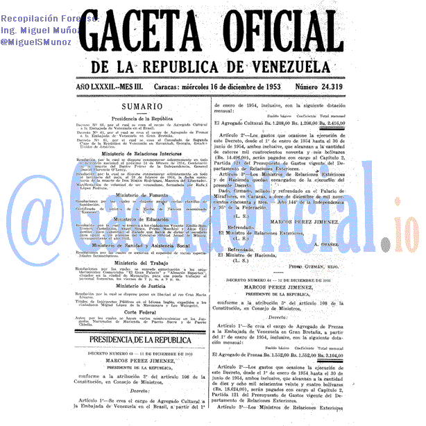 Gaceta Oficial 24319 del 16 Diciembre 1953