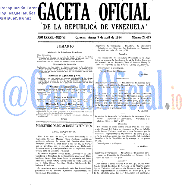 Gaceta Oficial 24415 del 9 Abril 1954