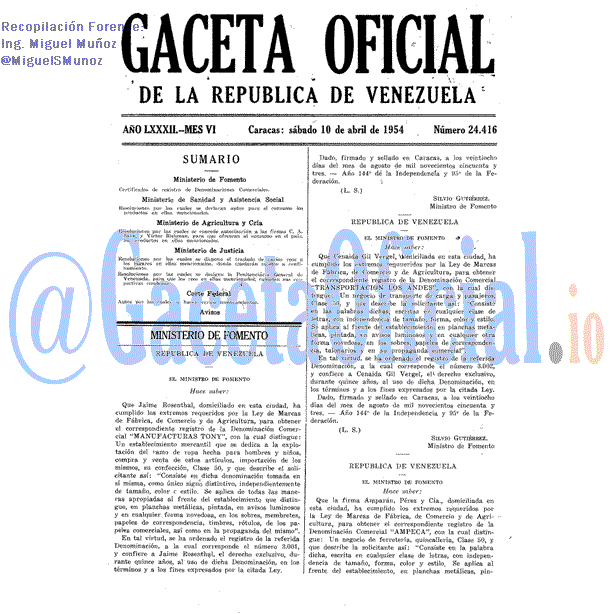 Gaceta Oficial 24416 del 10 Abril 1954