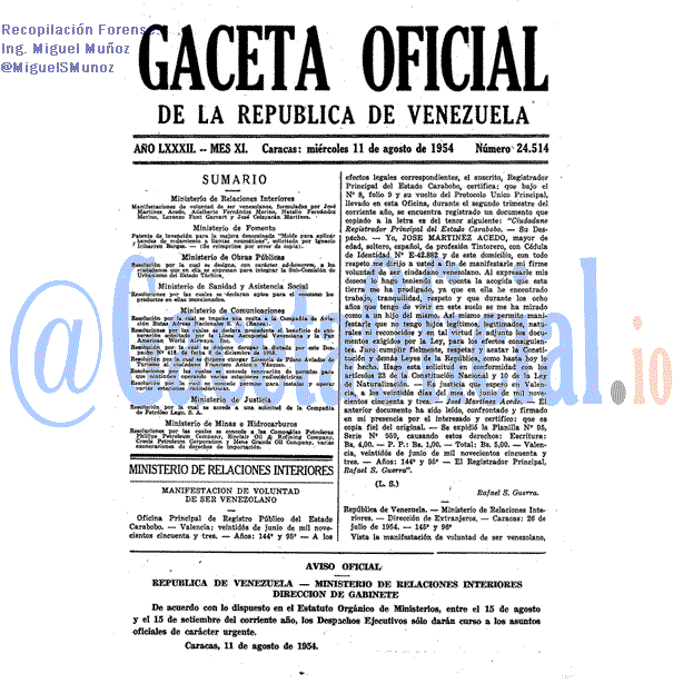 Gaceta Oficial 24514 del 11 Agosto 1954