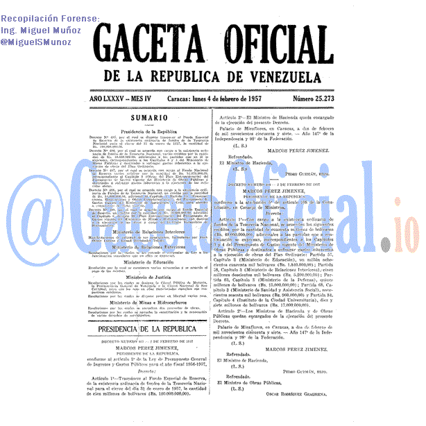 Gaceta Oficial 25273 del 4 Febrero 1957