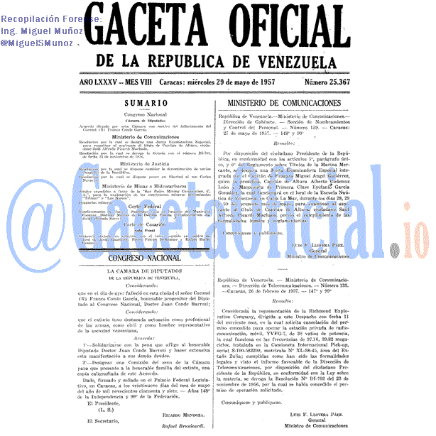 Gaceta Oficial 25367 del 29 Mayo 1957
